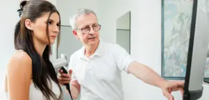 Dr. Werner bei der Muttermaluntersuchung einer jungen Dame